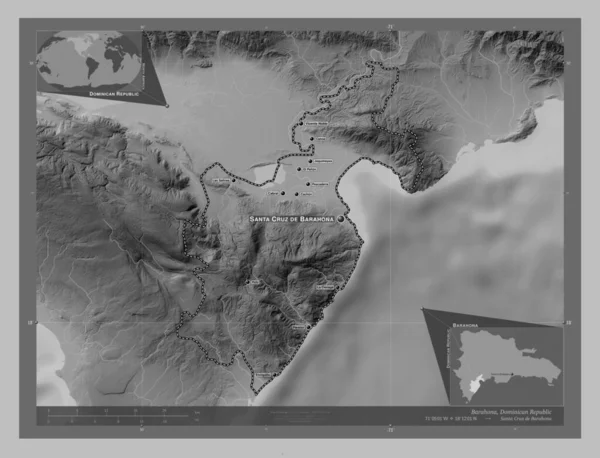 Barahona Prowincja Dominikany Mapa Wzniesień Skali Szarości Jeziorami Rzekami Lokalizacje — Zdjęcie stockowe