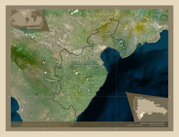 ドミニカ共和国のバラホナ州 高解像度衛星地図 地域の主要都市の位置と名前 コーナー補助位置図 — ストック写真