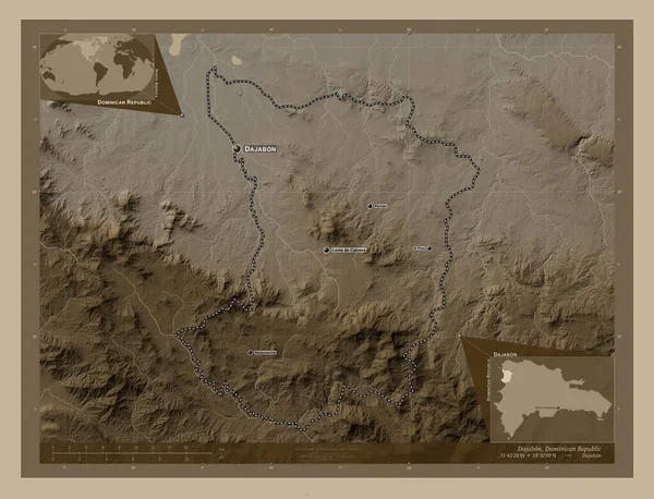 Dajabon Oblast Dominikánské Republiky Zdvihová Mapa Zbarvená Sépiovými Tóny Jezery — Stock fotografie