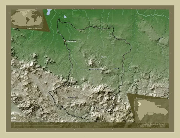 ドミニカ共和国の州ダジャボン 湖や川とWikiスタイルで着色された標高マップ 地域の主要都市の位置と名前 コーナー補助位置図 — ストック写真