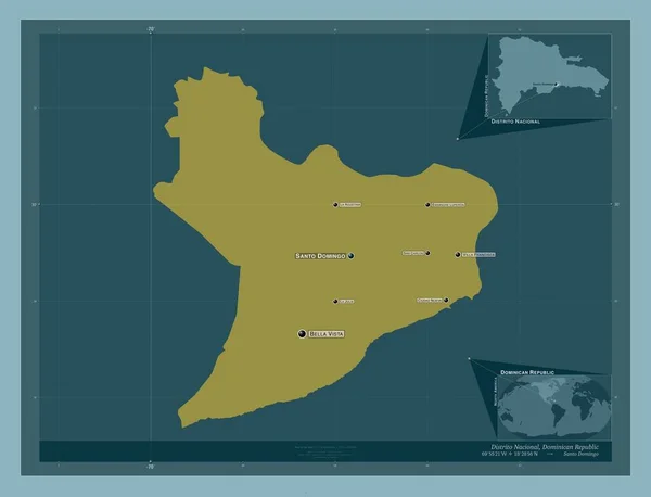 多米尼加共和国国家选区Distrito Nacional 固体的颜色形状 该区域主要城市的地点和名称 角辅助位置图 — 图库照片