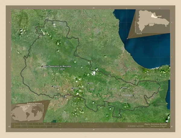 杜阿尔特 多米尼加共和国省 高分辨率卫星地图 该区域主要城市的地点和名称 角辅助位置图 — 图库照片
