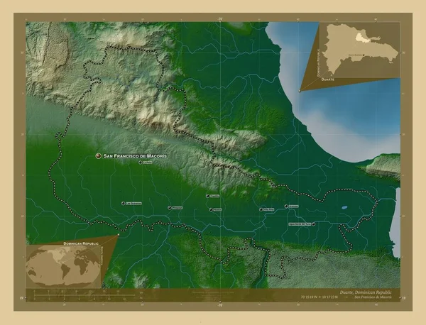 Duarte Oblast Dominikánské Republiky Barevná Mapa Jezery Řekami Umístění Názvy — Stock fotografie