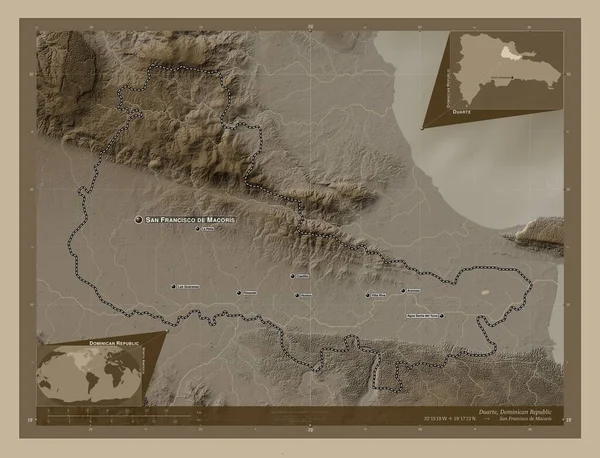 Duarte Provincia República Dominicana Mapa Elevación Coloreado Tonos Sepia Con —  Fotos de Stock