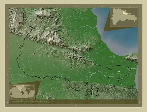 杜阿尔特 多米尼加共和国省 用Wiki风格绘制的带有湖泊和河流的高程地图 该区域主要城市的所在地点 角辅助位置图 — 图库照片