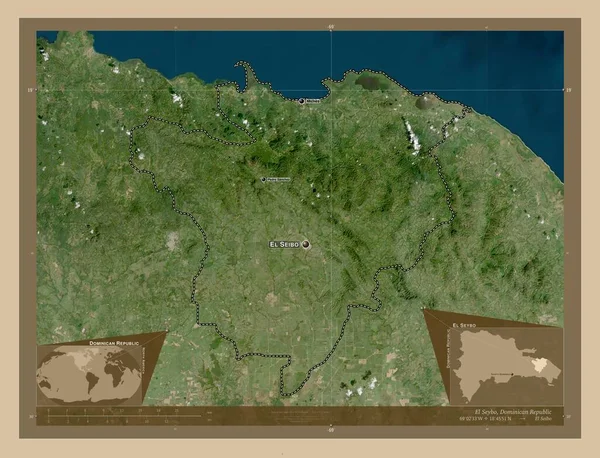 ドミニカ共和国のエル セイボ州 低解像度衛星地図 地域の主要都市の位置と名前 コーナー補助位置図 — ストック写真