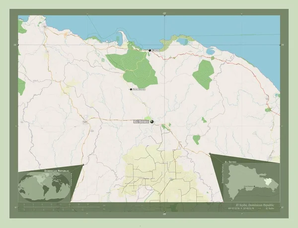 多米尼加共和国塞博省El Seybo 开放街道地图 该区域主要城市的地点和名称 角辅助位置图 — 图库照片
