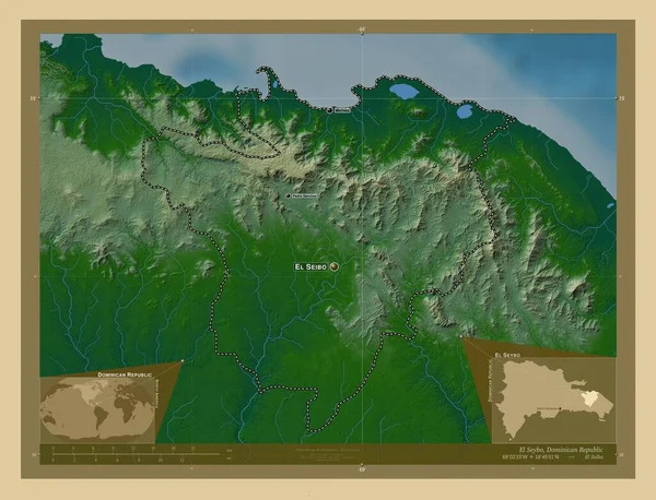 Seybo Provincie Dominicaanse Republiek Gekleurde Hoogtekaart Met Meren Rivieren Locaties — Stockfoto