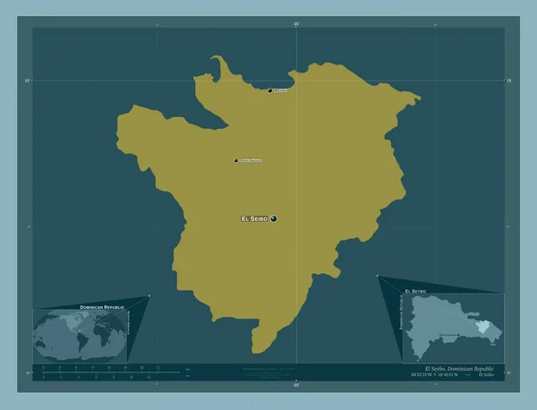 ドミニカ共和国のエル セイボ州 しっかりした色の形 地域の主要都市の位置と名前 コーナー補助位置図 — ストック写真