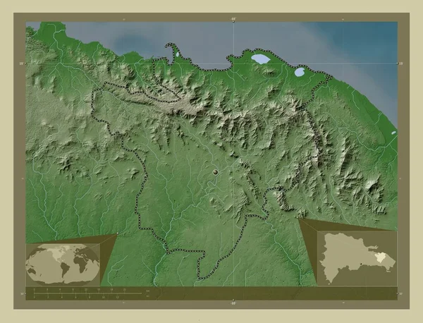 多米尼加共和国塞博省El Seybo 用Wiki风格绘制的带有湖泊和河流的高程地图 角辅助位置图 — 图库照片