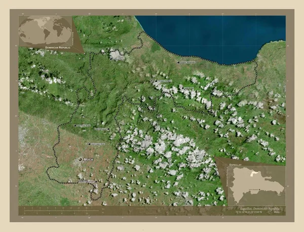 ドミニカ共和国のエスパイラット州 高解像度衛星地図 地域の主要都市の位置と名前 コーナー補助位置図 — ストック写真