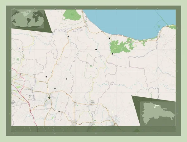ドミニカ共和国のエスパイラット州 ストリートマップを開く 地域の主要都市の場所 コーナー補助位置図 — ストック写真