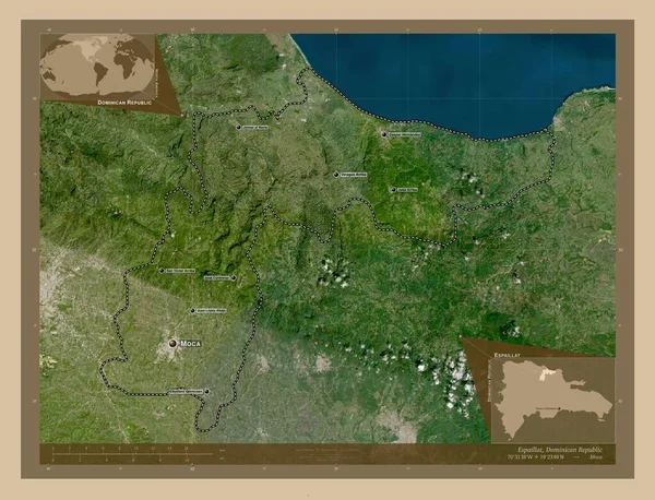埃斯帕拉特 多米尼加共和国省 低分辨率卫星地图 该区域主要城市的地点和名称 角辅助位置图 — 图库照片