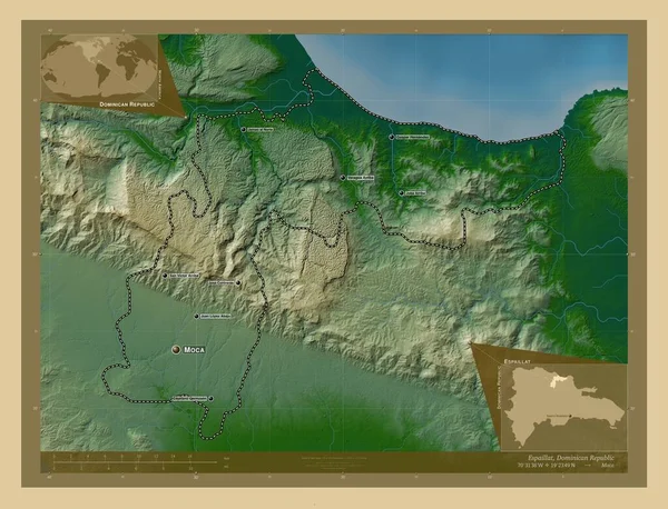 ドミニカ共和国のエスパイラット州 湖や川と色の標高マップ 地域の主要都市の位置と名前 コーナー補助位置図 — ストック写真