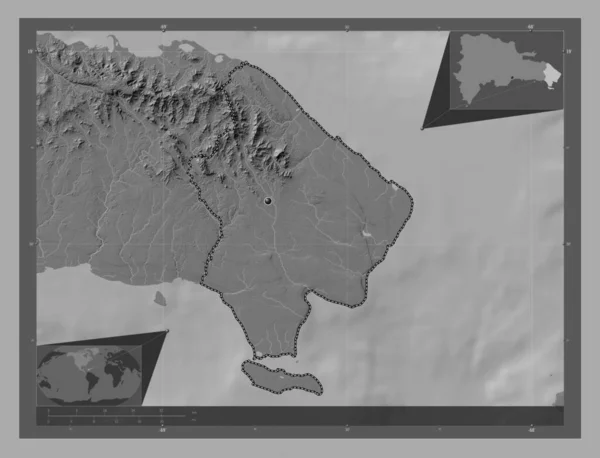 ドミニカ共和国のラ アルタグラシア州 湖や川と二階の標高マップ コーナー補助位置図 — ストック写真