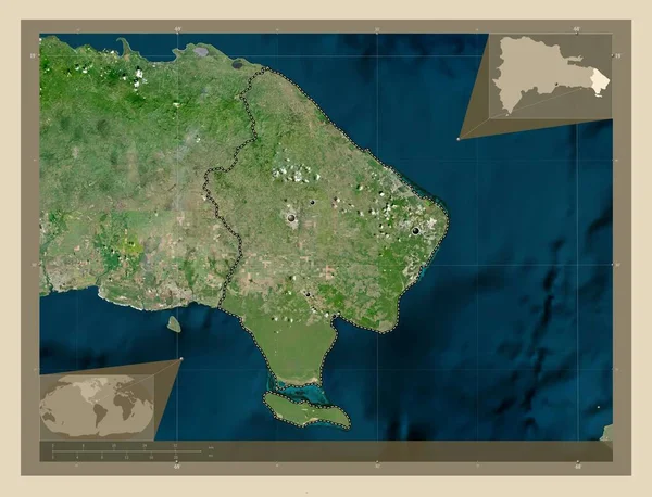 ドミニカ共和国のラ アルタグラシア州 高解像度衛星地図 地域の主要都市の場所 コーナー補助位置図 — ストック写真