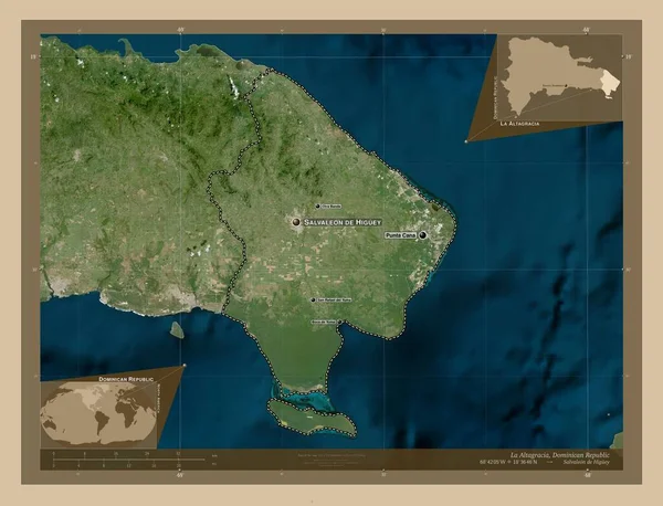 ドミニカ共和国のラ アルタグラシア州 低解像度衛星地図 地域の主要都市の位置と名前 コーナー補助位置図 — ストック写真