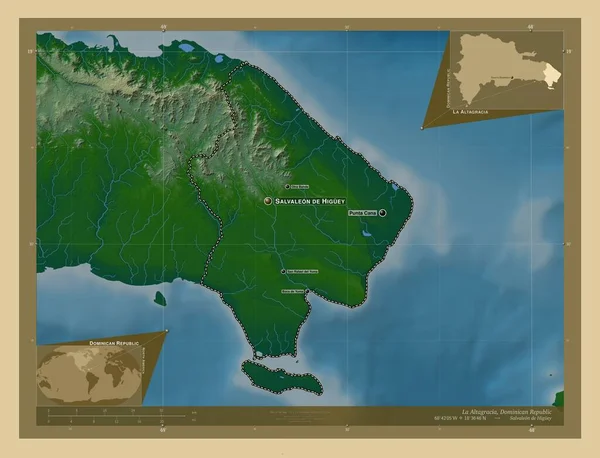 Altagracia Provincie Dominicaanse Republiek Gekleurde Hoogtekaart Met Meren Rivieren Locaties — Stockfoto
