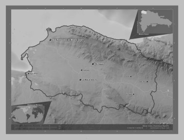 Monte Cristi, Dominik Cumhuriyeti ili. Gölleri ve nehirleri olan gri tonlama yükseklik haritası. Bölgenin büyük şehirlerinin yerleri ve isimleri. Köşedeki yedek konum haritaları