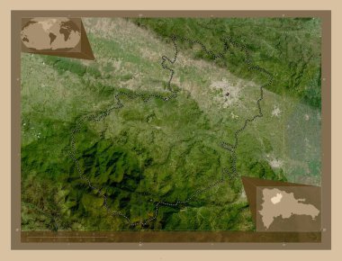 Santiago, Dominik Cumhuriyeti ili. Düşük çözünürlüklü uydu. Köşedeki yedek konum haritaları