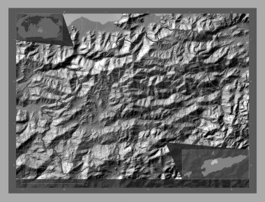 Aileu, Doğu Timor belediyesi. Göllü ve nehirli çift katlı yükseklik haritası. Bölgenin büyük şehirlerinin yerleri. Köşedeki yedek konum haritaları