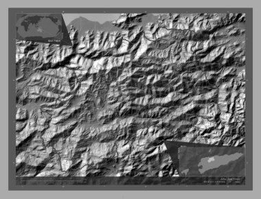 Aileu, Doğu Timor belediyesi. Göllü ve nehirli çift katlı yükseklik haritası. Bölgenin büyük şehirlerinin yerleri ve isimleri. Köşedeki yedek konum haritaları