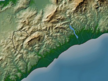 Covalima, Doğu Timor belediyesi. Gölleri ve nehirleri olan renkli yükseklik haritası