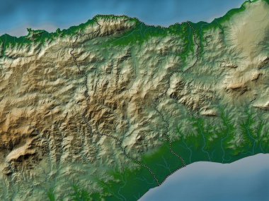 Manatuto, Doğu Timor belediyesi. Gölleri ve nehirleri olan renkli yükseklik haritası