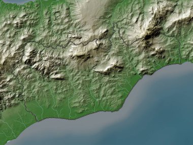 Viqueque, Doğu Timor belediyesi. Yükseklik haritası göller ve nehirlerle wiki stilinde renklendirilmiştir