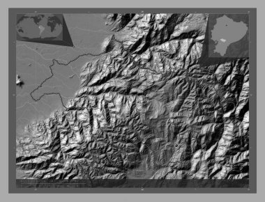 Canar, Ekvador vilayeti. Göllü ve nehirli çift katlı yükseklik haritası. Köşedeki yedek konum haritaları