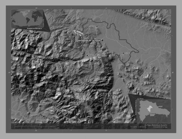 ドミニカ共和国のラ ベガ州 湖や川と二階の標高マップ 地域の主要都市の位置と名前 コーナー補助位置図 — ストック写真