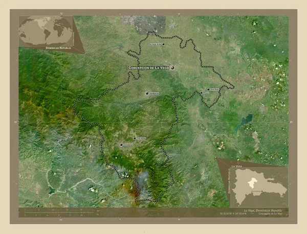 ドミニカ共和国のラ ベガ州 高解像度衛星地図 地域の主要都市の位置と名前 コーナー補助位置図 — ストック写真