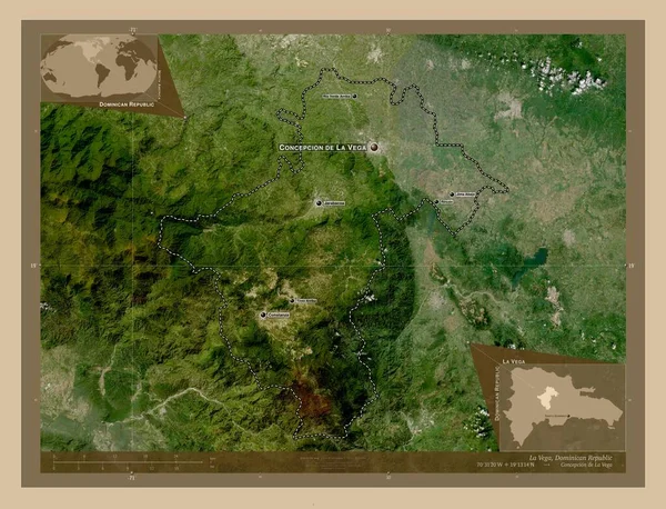 ドミニカ共和国のラ ベガ州 低解像度衛星地図 地域の主要都市の位置と名前 コーナー補助位置図 — ストック写真