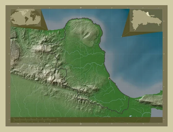 玛丽亚 特立尼达 桑切斯 多米尼加共和国省 用Wiki风格绘制的带有湖泊和河流的高程地图 角辅助位置图 — 图库照片