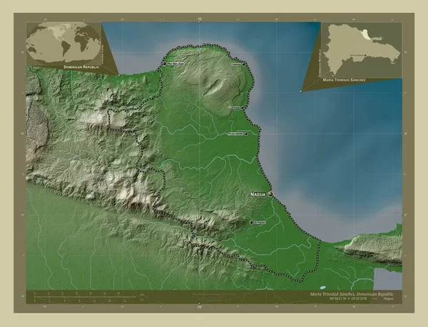 玛丽亚 特立尼达 桑切斯 多米尼加共和国省 用Wiki风格绘制的带有湖泊和河流的高程地图 该区域主要城市的地点和名称 角辅助位置图 — 图库照片