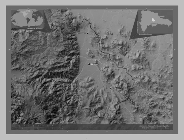 Monsenor Nouel Prowincja Dominikany Mapa Wzniesień Skali Szarości Jeziorami Rzekami — Zdjęcie stockowe