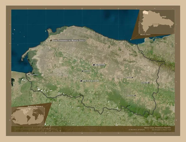 多米尼加共和国 克里斯蒂山 低分辨率卫星地图 该区域主要城市的地点和名称 角辅助位置图 — 图库照片