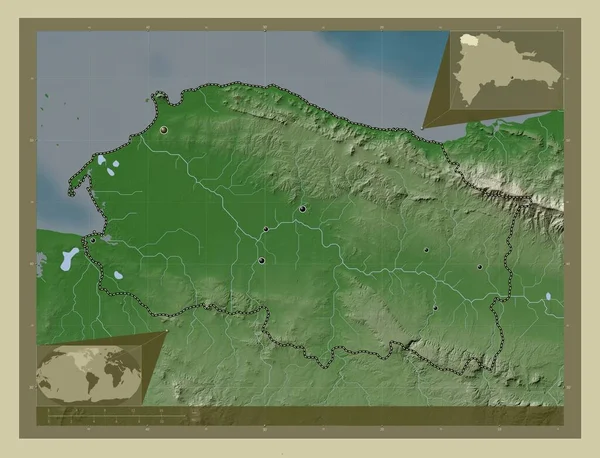 Monte Cristi Prowincja Dominikany Mapa Wzniesień Kolorowa Stylu Wiki Jeziorami — Zdjęcie stockowe