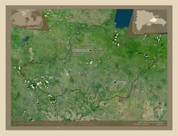 ドミニカ共和国のモンテ プラタ州 高解像度衛星地図 地域の主要都市の位置と名前 コーナー補助位置図 — ストック写真