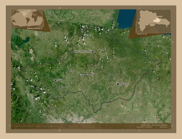 ドミニカ共和国のモンテ プラタ州 低解像度衛星地図 地域の主要都市の位置と名前 コーナー補助位置図 — ストック写真