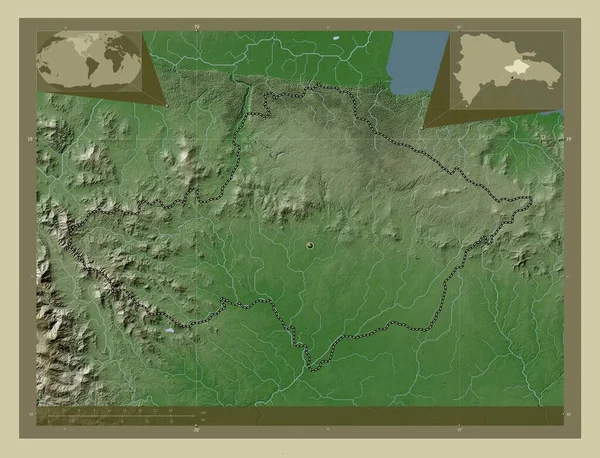 多明尼加共和国的蒙特普拉塔 用Wiki风格绘制的带有湖泊和河流的高程地图 角辅助位置图 — 图库照片