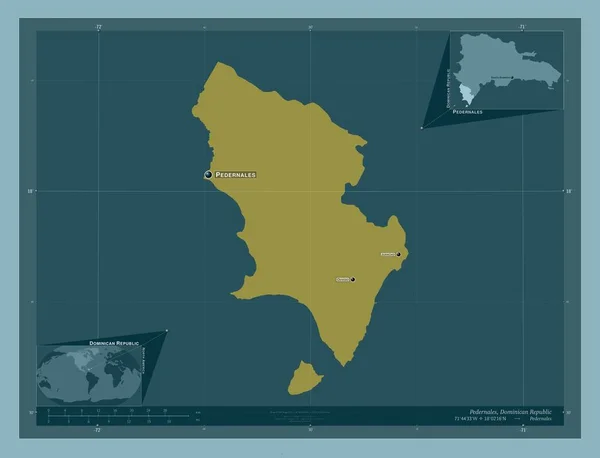 ドミニカ共和国のペデラーレス県 しっかりした色の形 地域の主要都市の位置と名前 コーナー補助位置図 — ストック写真