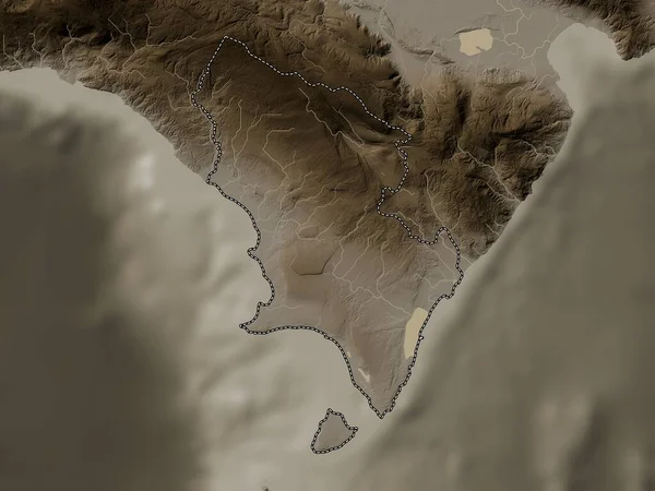 Pedernales Dominik Cumhuriyeti Ili Yükseklik Haritası Sepya Tonlarında Göller Nehirlerle — Stok fotoğraf