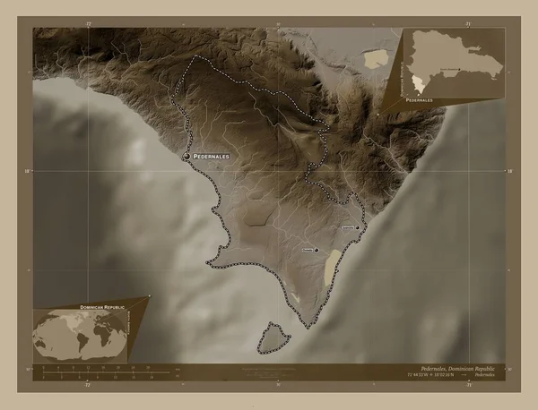 Pedernales Provincii Dominikánská Republika Zdvihová Mapa Zbarvená Sépiovými Tóny Jezery — Stock fotografie