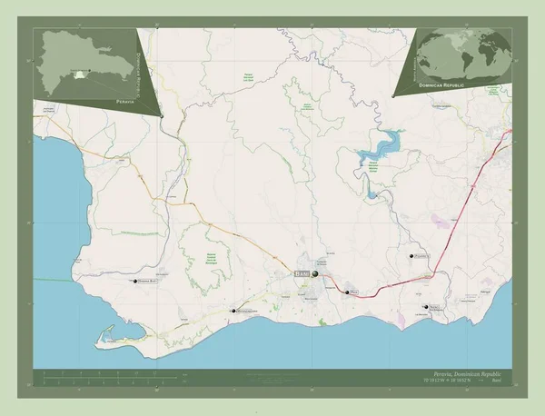 ドミニカ共和国のペラヴィア州 ストリートマップを開く 地域の主要都市の位置と名前 コーナー補助位置図 — ストック写真