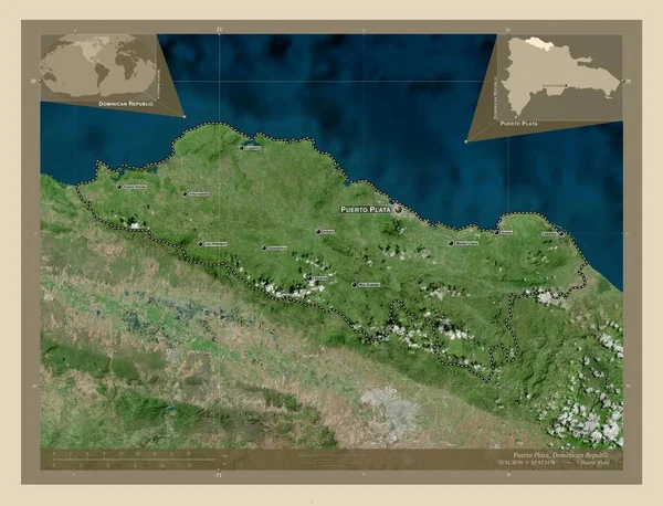 ドミニカ共和国のプエルト プラタ州 高解像度衛星地図 地域の主要都市の位置と名前 コーナー補助位置図 — ストック写真