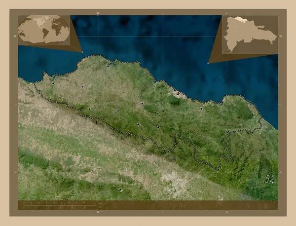 多明尼加共和国普拉塔港低分辨率卫星地图 该区域主要城市的所在地点 角辅助位置图 — 图库照片