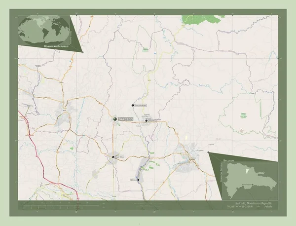 多米尼加共和国Salcedo省 开放街道地图 该区域主要城市的地点和名称 角辅助位置图 — 图库照片