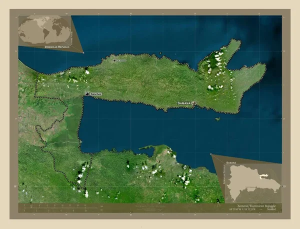 ドミニカ共和国のサマナ州 高解像度衛星地図 地域の主要都市の位置と名前 コーナー補助位置図 — ストック写真