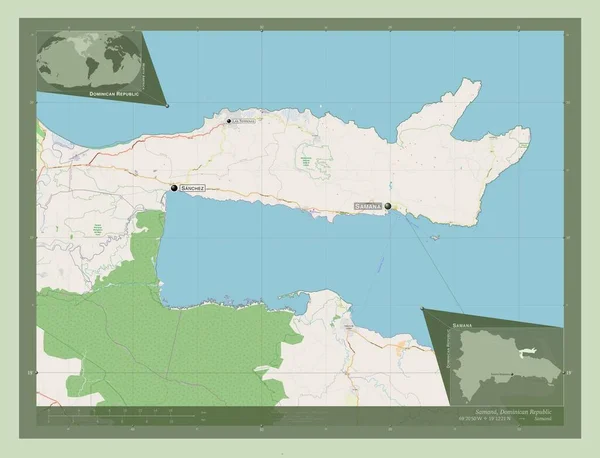 ドミニカ共和国のサマナ州 ストリートマップを開く 地域の主要都市の位置と名前 コーナー補助位置図 — ストック写真